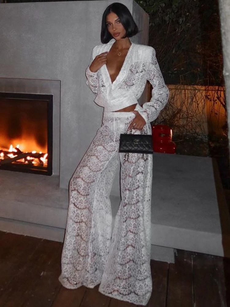 Mozision White Lace Two Piece Sets Women Deep V Neck Long Sleeve Tops And Long Pants Ladies See Through Loose Trousers Sets