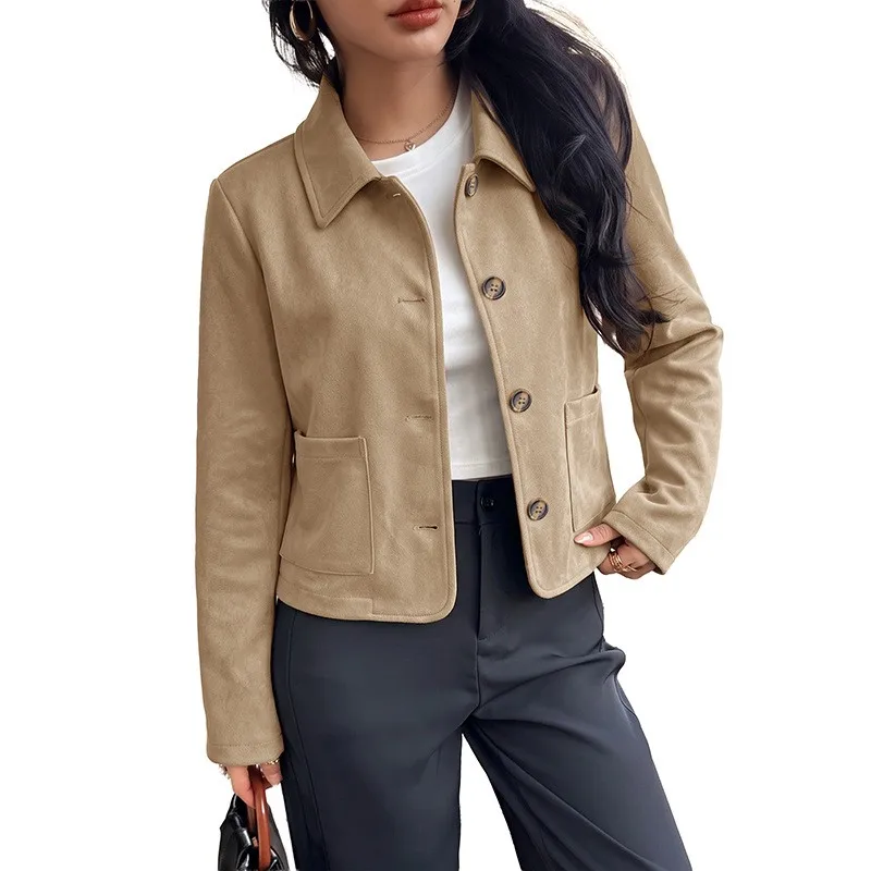 Loose Fit Casual Coat Short Length Japanese Korean Casual with Regular Sleeve Lapel Collar Cropped No Hood Women Autumn Jacket