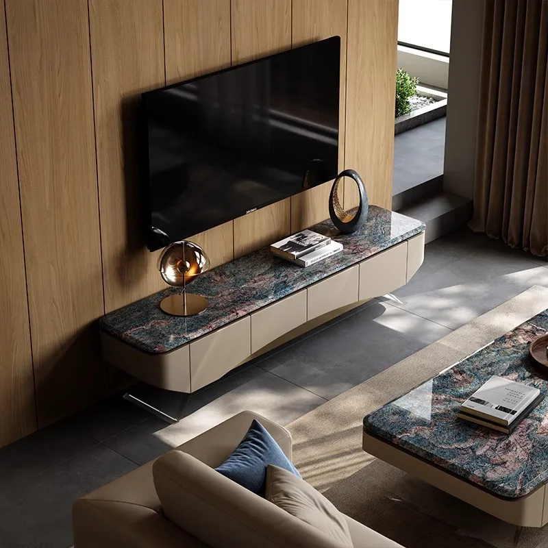 Modern light luxury natural marble TV cabinet, high-end natural luxury stone storage floor cabinet