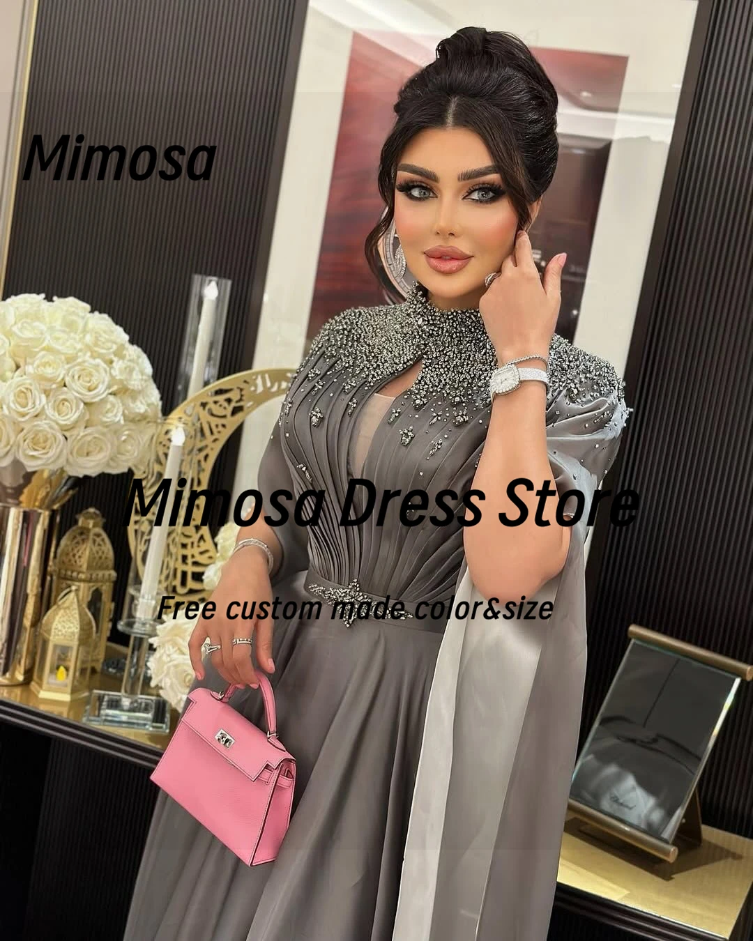 Vestidos de Noche Mimosa con Cuello Alto y Abertura en el Escote, Vestidos de Fiesta con Cuentas y Mangas Largas, Vestidos de Fiesta para Mujeres Saudíes, Personalizados