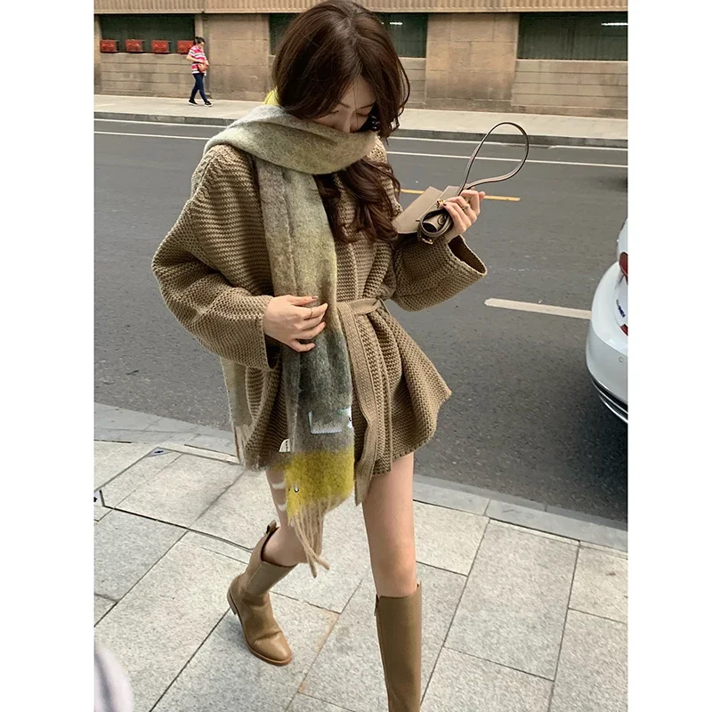 Vintage Loose Knitted Cardigans Women Khaki  Autumn Lace-up Streetwear Woolen Cardigan Ladies Korean Thicken Winter Sweater