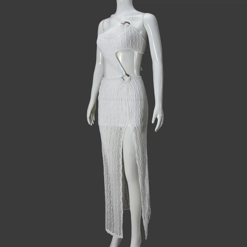 Vestidos femininos 2025 verão moda nova irregular sexy elegante oco para fora sem costas perspectiva dupla camada férias vestido longo