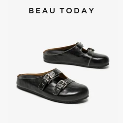 BEAUTODAY Casual Slippers Women Calfskin Leather Sliver Buckle Strap Round Toe Outdoor Flat Shoes Handmade 34118