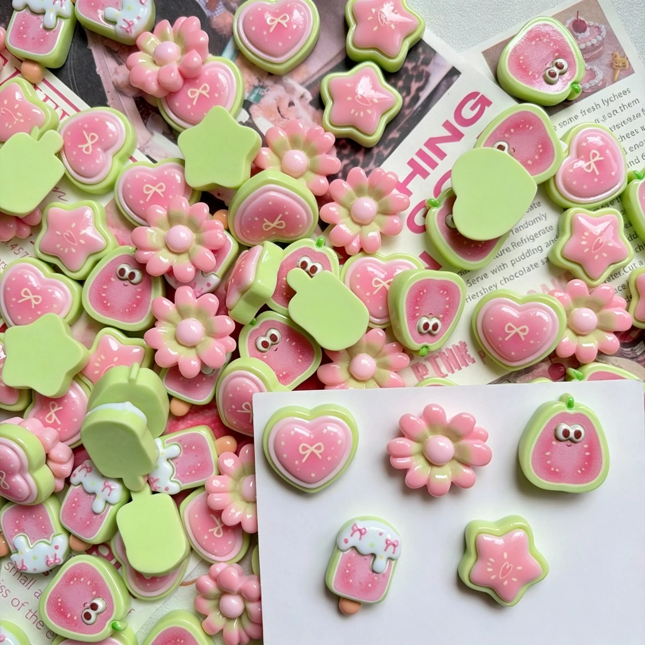 20pcs Mixed Pink & Green Resin Flat Back Charms - Guava Themed DIY Craft Supplies for Hair Clips, Phone Cases & Shoe Decor