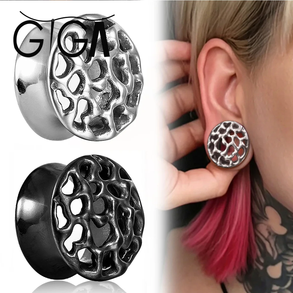 

Giga 2PCS Punk hollow out Ear Plugs Tunnels Stainless Steel Earrings Gauges Body Piercing Jewelry Women/Men Expander Stretcher