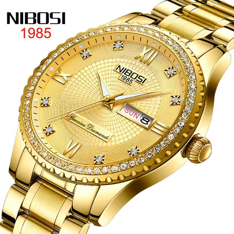 

NIBOSI 2023 New Quartz Watch Weekly Calendar Display Luxury Diamond Case Men Watch Luminous Waterproof Clock Reloj Hombre 2315