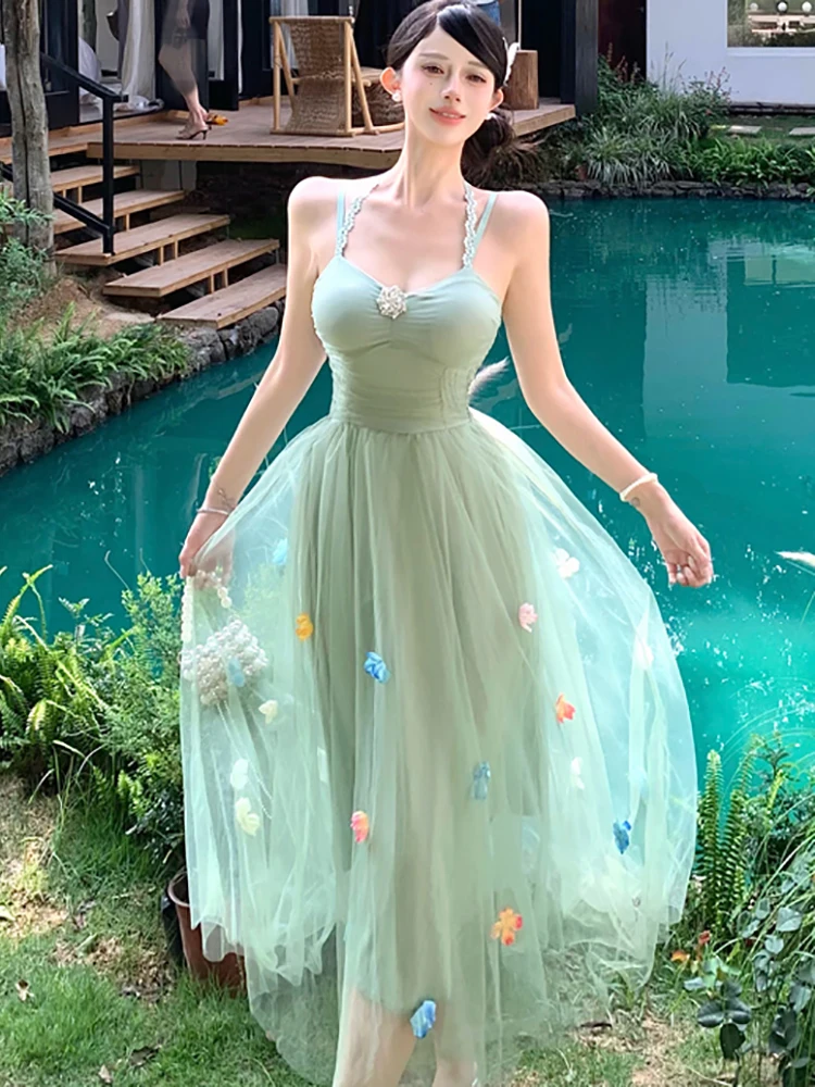 レディース グリーン メッシュ パッチワーク 花柄 スリング セクシー ロングドレス サマー エレガント ラグジュアリー イブニングドレス 2025 韓国 ボディコン フェスティバル ドレス