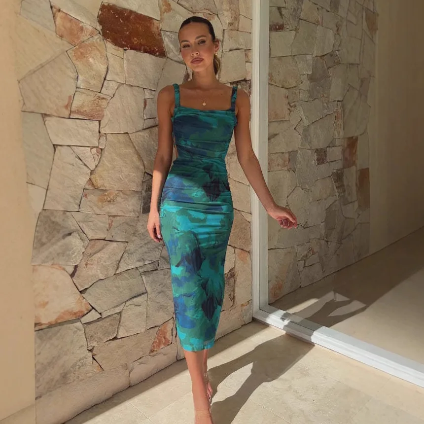 

Весна 2025: Женское облегающее платье без рукавов с цветочным принтом, на бретельках через шею, с разрезом на талии, на одно плечо, модное