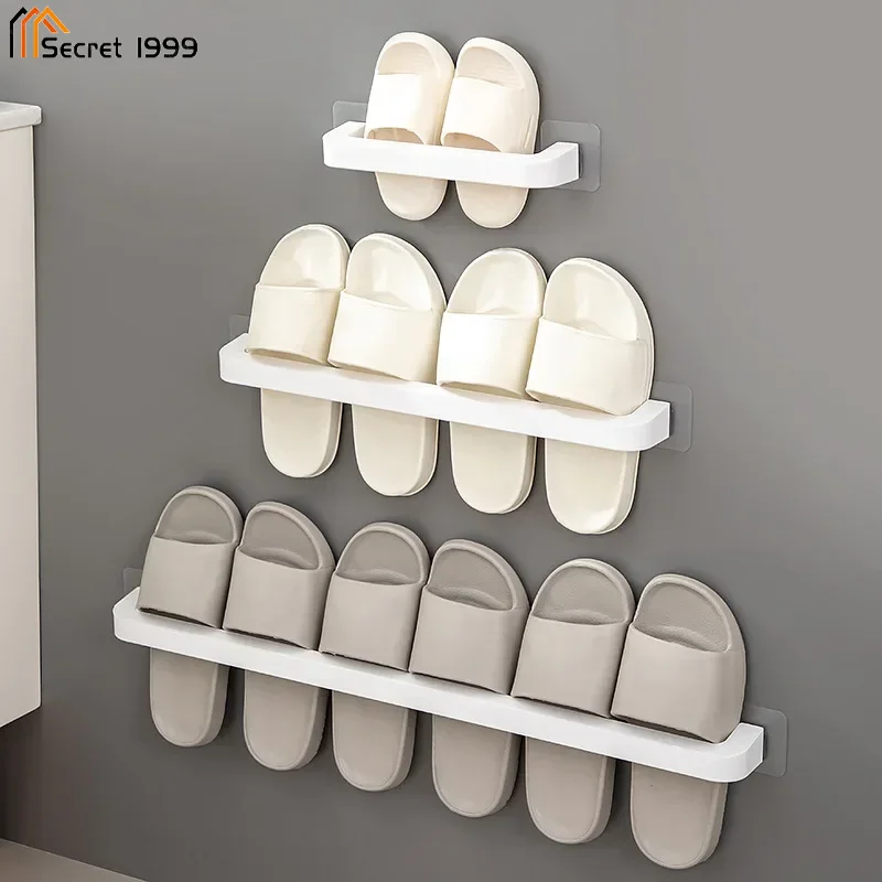 Bathroom Slipper Shelf Punch Free Wall Mount Shoes Hanger Rack Towel Storage Shelf Space Saving Shelves Bathroom Accessories