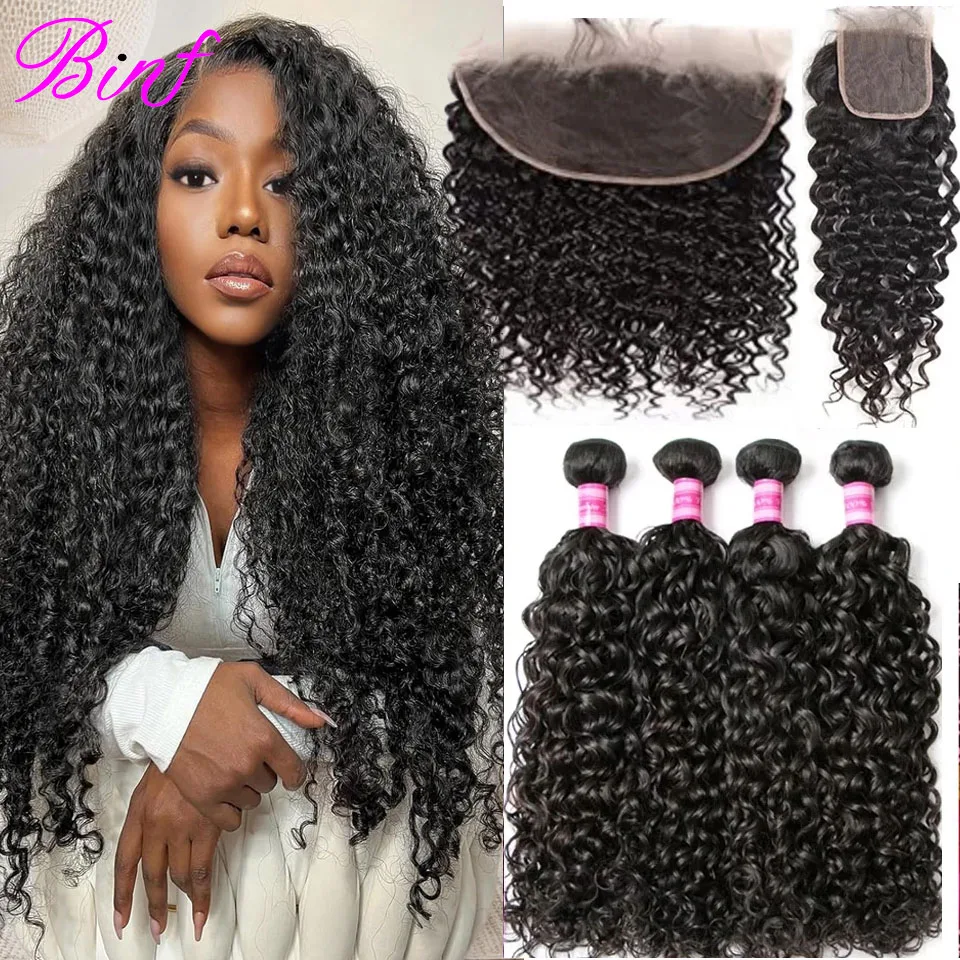 

Натуральные бразильские волосы Water Wave, 3/4 пучка для полной прически с закрытием, необработанные волосы для наращивания, 100% натуральные пучки волос с фронтальным закрытием