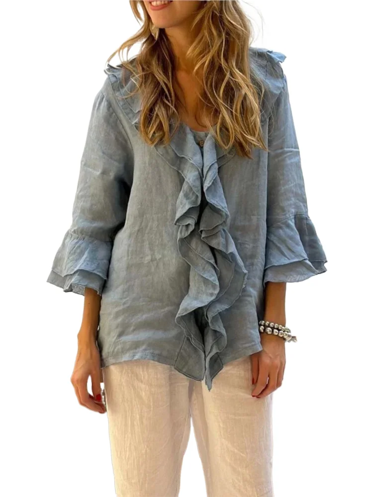 Fashion Trend Solid Color Shirts Women V-neck Single Breasted Ruffles Flying Sleeves Shirt Casual Lady Commuting Clothing Blouse