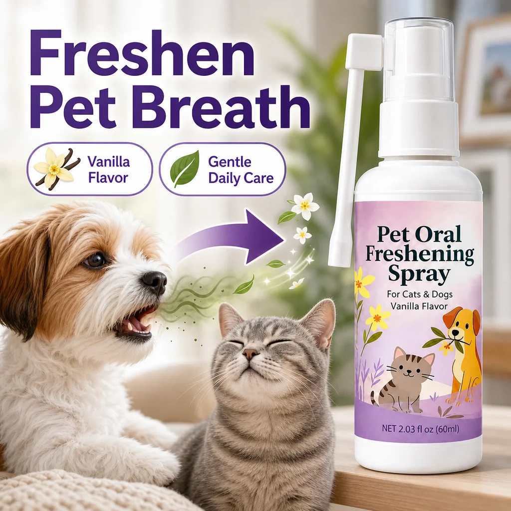 Pet Fresh Breath Spray No-Brush Oral Care Tartar Plaque Remover Plant-Based Gentle Non-Irritating for Dogs Cats Dental Hygiene