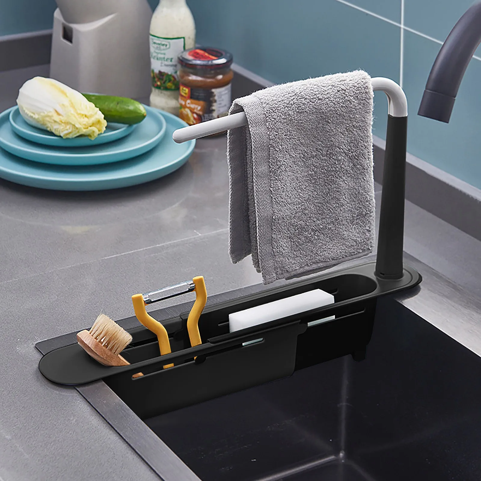 elescopic Sink Shelf Drainer Rack Kitchen Organizer Soap Sponge Holder Towel Rack Storage Organizer Basket Gadgets Accessories