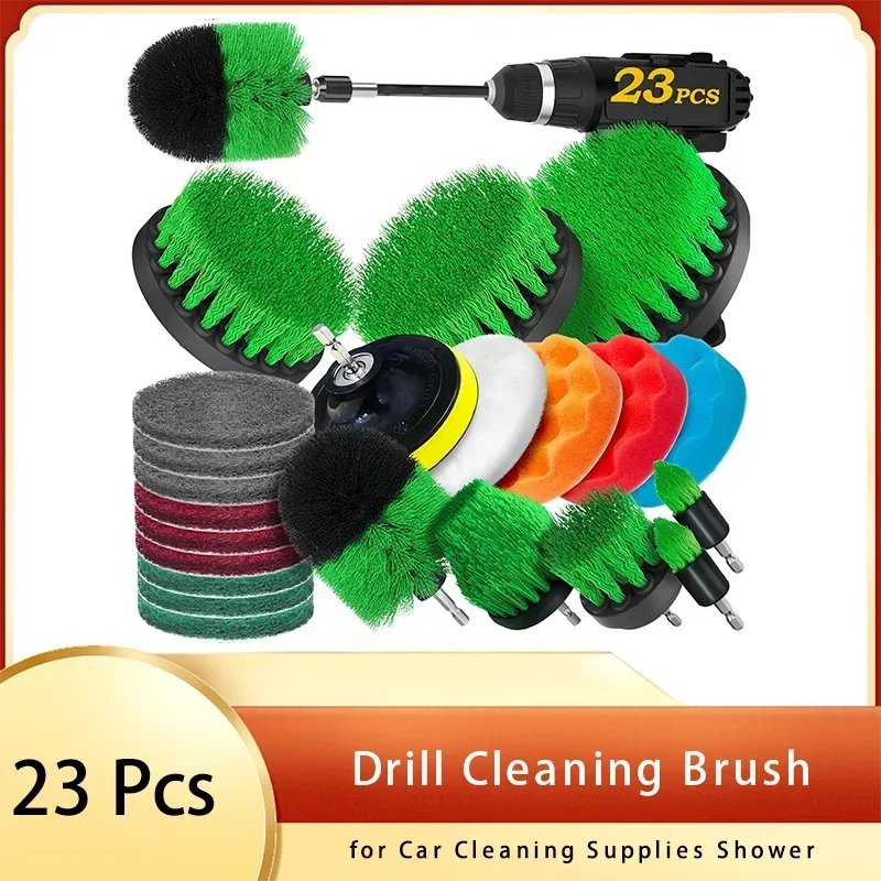 23Pack Drill Cleaning Brush Attachments Set with Scrub Pads Buffing Pads Extend Long Attachment for Car Cleaning Supplies Shower