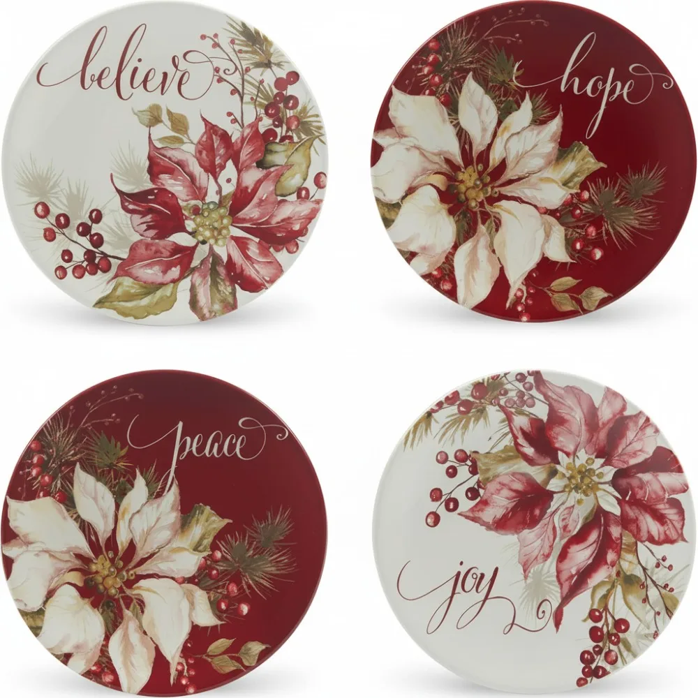 

4-Piece 9" Holiday Salad Plates Set with Festive Designs - Dishwasher & Microwave Safe for Christmas Dining