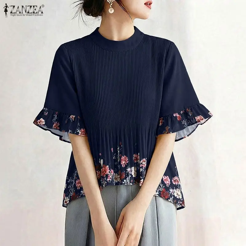 ZANZEA Women Summer Bohemain Holiday Tops Floral Patchwork Blouse Stand Neck Short Sleeve Pleated Blusas Elegant Work Shirt 2026