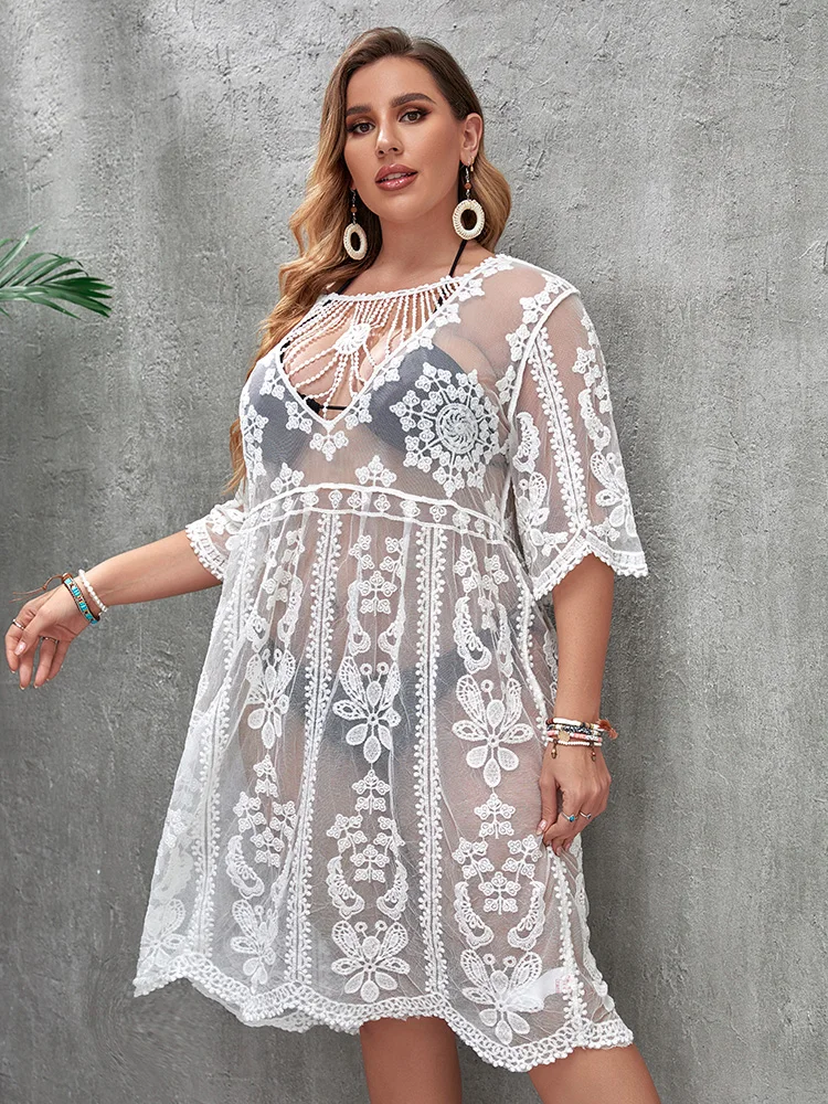 Plus Size Cover Up Tunic Beach Dress Summer Women Beach Wear Boho Swimsuit Ups White Robe Dresses Long Pareo Beachwear