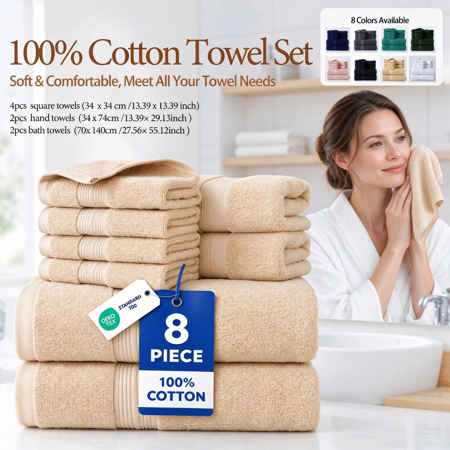 8-Piece 100% Cotton Towel Set, Ultra Soft Plush Highly Absorbent, 2 Bath 2 Hand 4 Washcloths, Hotel Quality Machine Washable