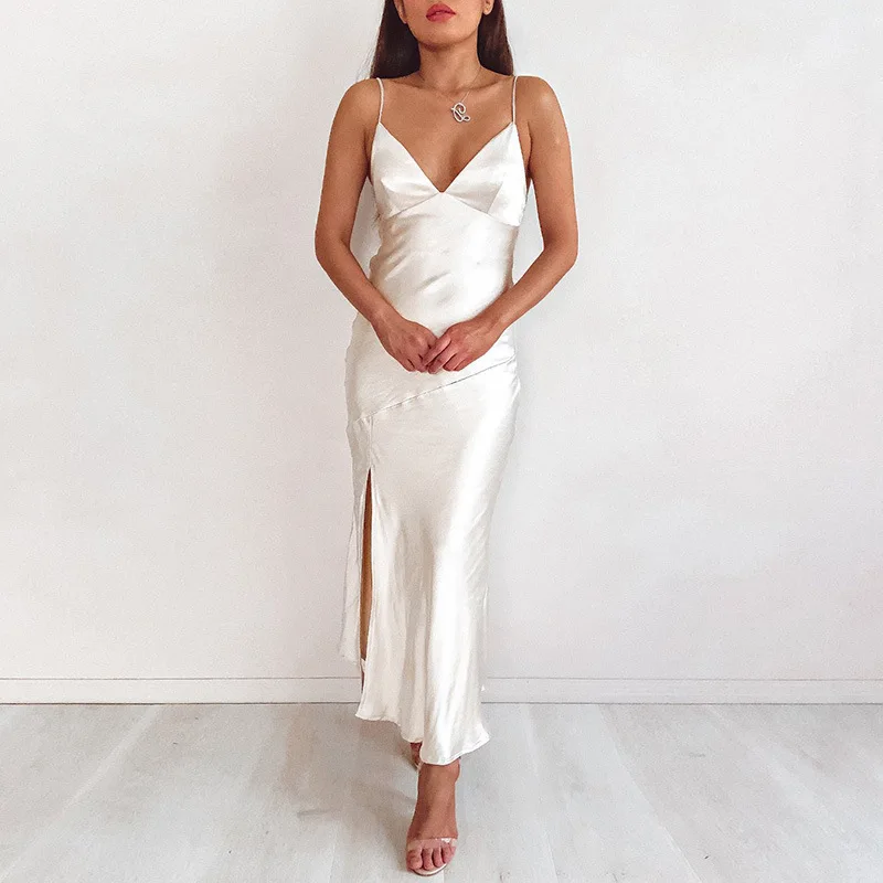 2026 Spicy Girl Simple Satin Split Strap Women's Sensation V-neck Waist Look Slim Women's Summer Dress