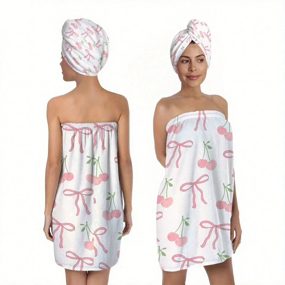 

Набор для женщин: полотенце-накидка без бретелек с принтом вишневых бантиков и шапочка для волос