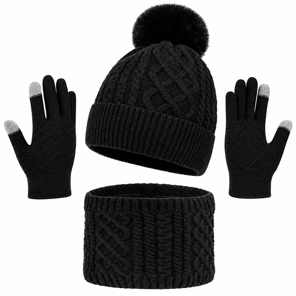 3PCS with Pom Pom Knit Hat Scarf Gloves Set Thickened Warm Soft Cozy Neck Warmer Scarf Coldproof Windproof Ribbed Beanie Women