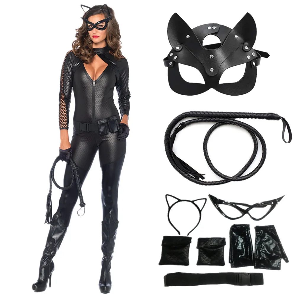 Halloween Costume For Women Cat Suits Sexy Jumpsuit with Whip And Cat Mask Leather Cosplay Uniform Nightclub Party Bodysuit