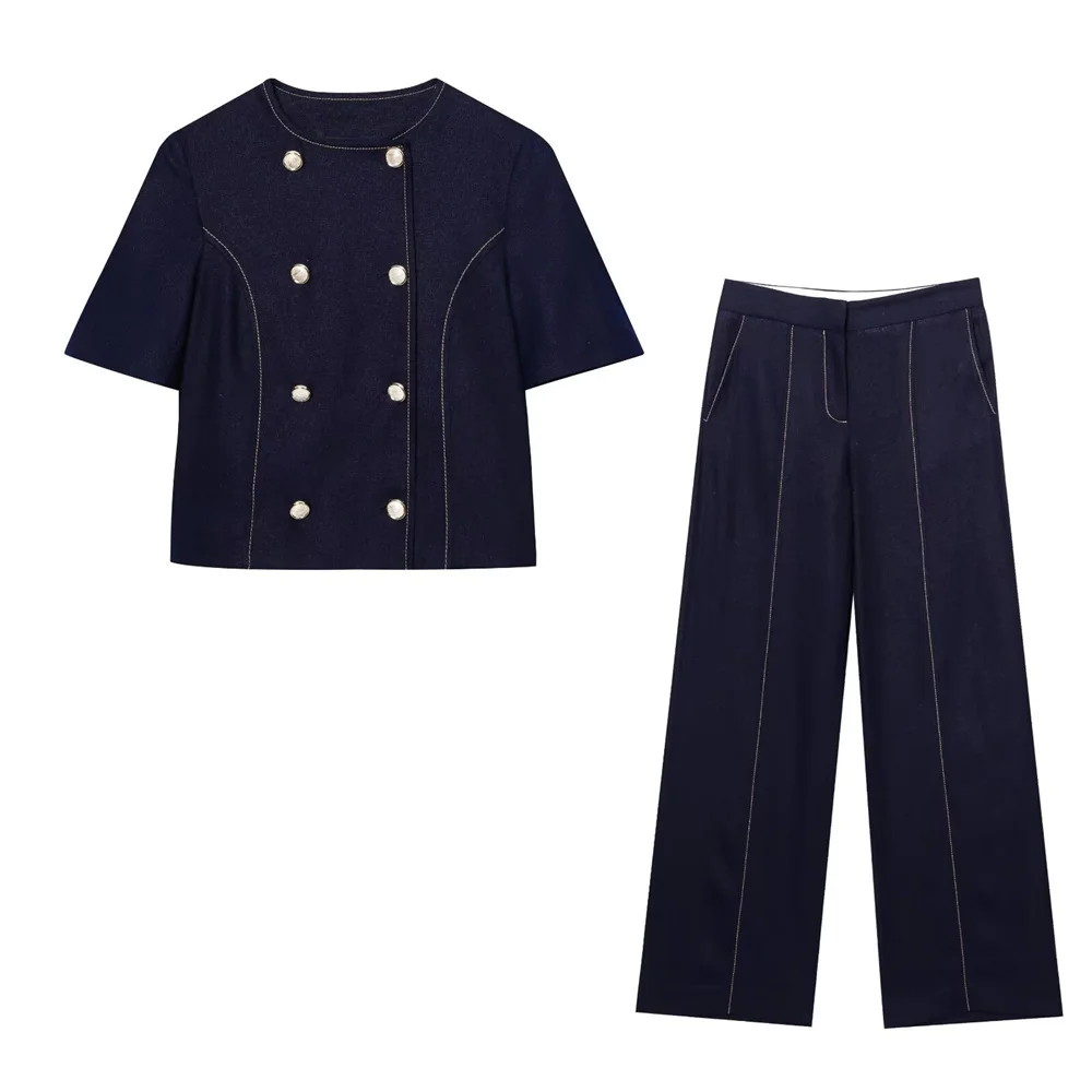 أزياء المرأة المخلوطة الخيوط قصيرة الأكمام البدلة سترة الصيف الجديدة عالية الخصر السراويل الساق المستقيمة #1