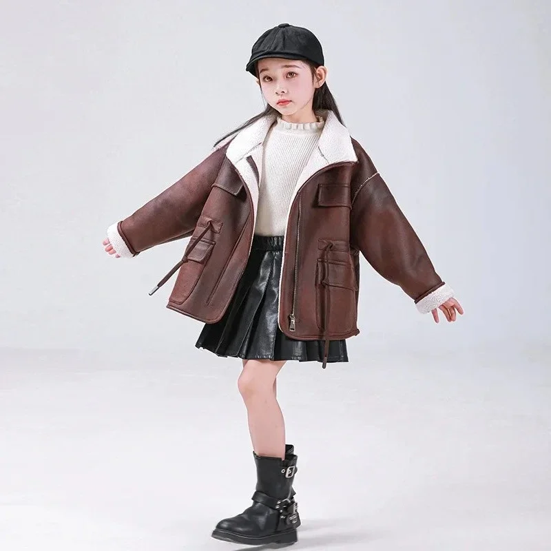 Girls Coat 2026 Autumn And Winter New Childrens Clothing Korean Style Girls Baby Suede Collar Motorcycle Fur Coat Simple