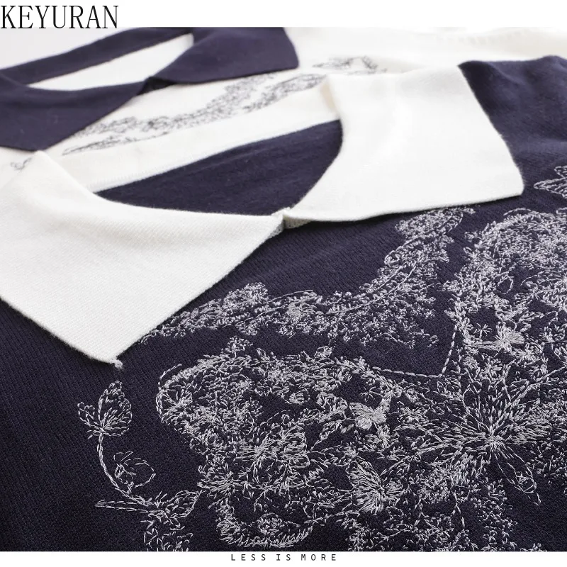 Maglione lavorato a maglia con ricamo a farfalla bianca da donna autunno moda vintage colletto rovesciato pullover maglieria top maglioni da donna