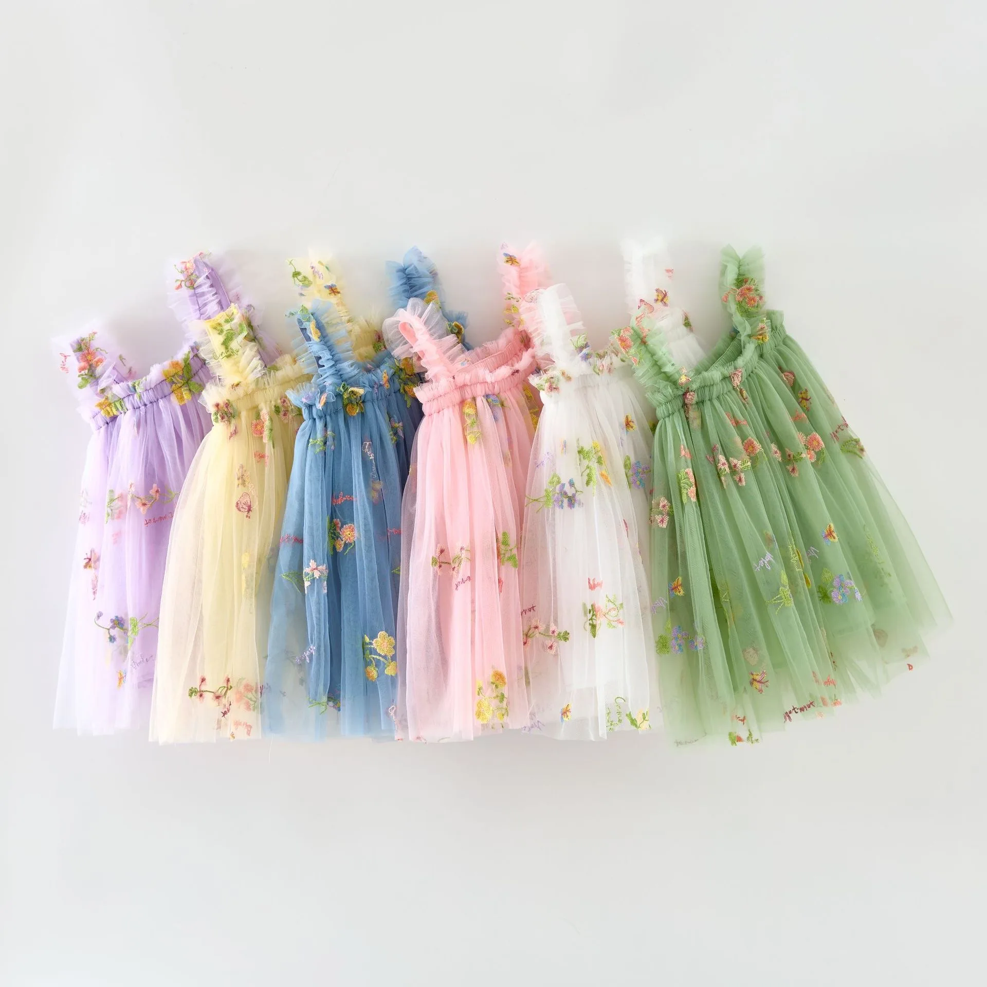 New Summer Baby Girls Dress Vintage Floral Mesh Tutu Princess Dress Birthday Party Strap Dress for 1-5Y Toddler Kids Clothes