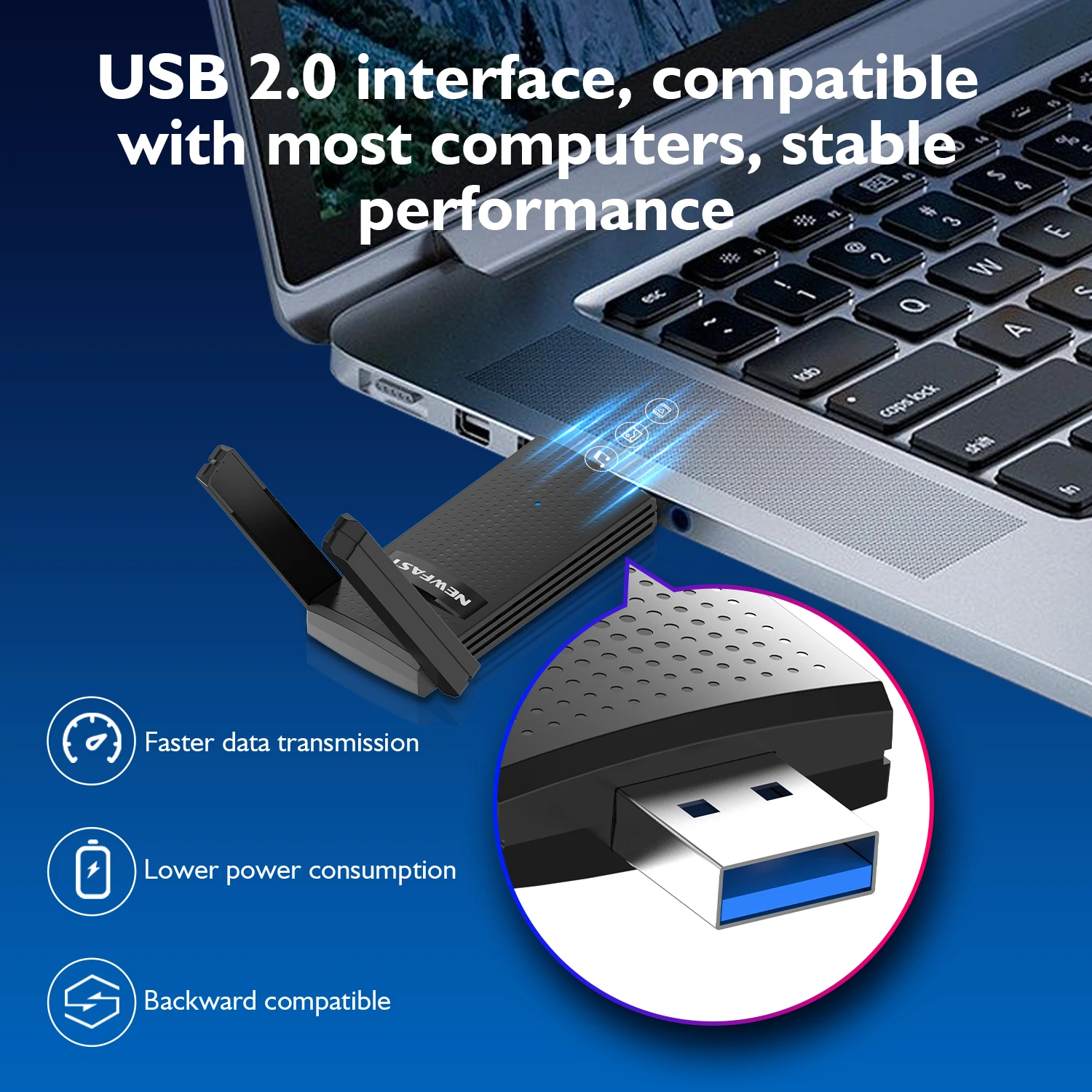 NEWFAST WiFi 5 1300Mbps USB 2.0 Adaptor Dual Band 2.4G/5G Bebas Driver Penerima Nirkabel Dongle Kartu Jaringan Laptop PC Win10/11