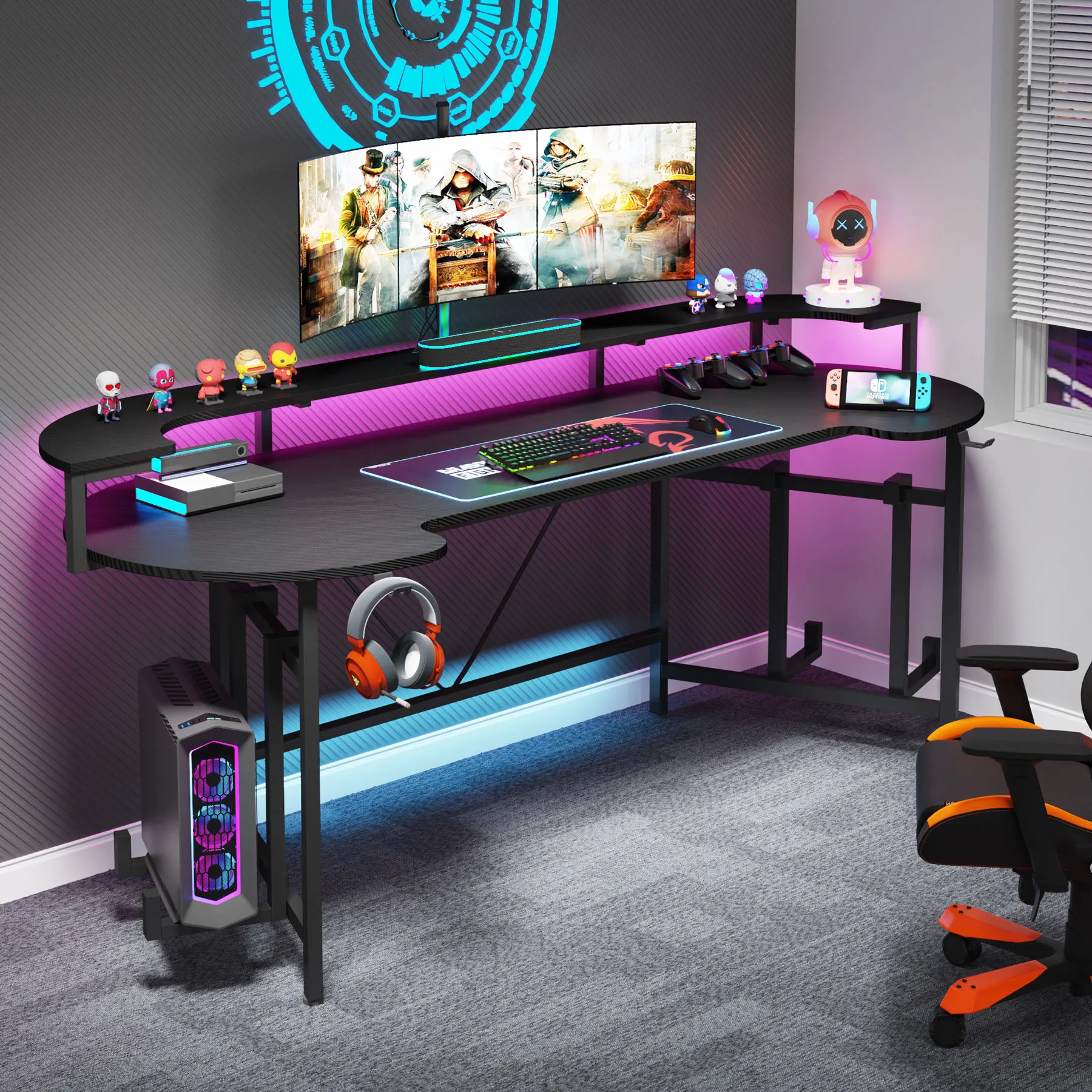 Tribesigns gaming tables computer table gaming desk with LED Strip & Monitor Shelf  for home