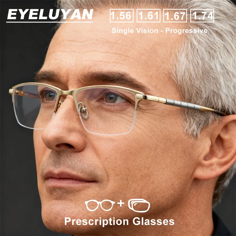 EYELUYAN High-end Prescription Glasses Men Myopia Hyperopia Progressive Eyeglasses Titanium Optical Half Frame With Recipe Lens
