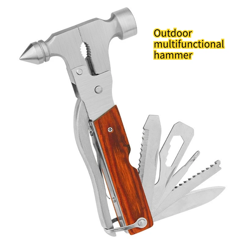 

Outdoor Multifunctional Stainless Steel Folding Wooden Handle Conical Safety Hammer Portable Camping EDC Tool Mini Pliers