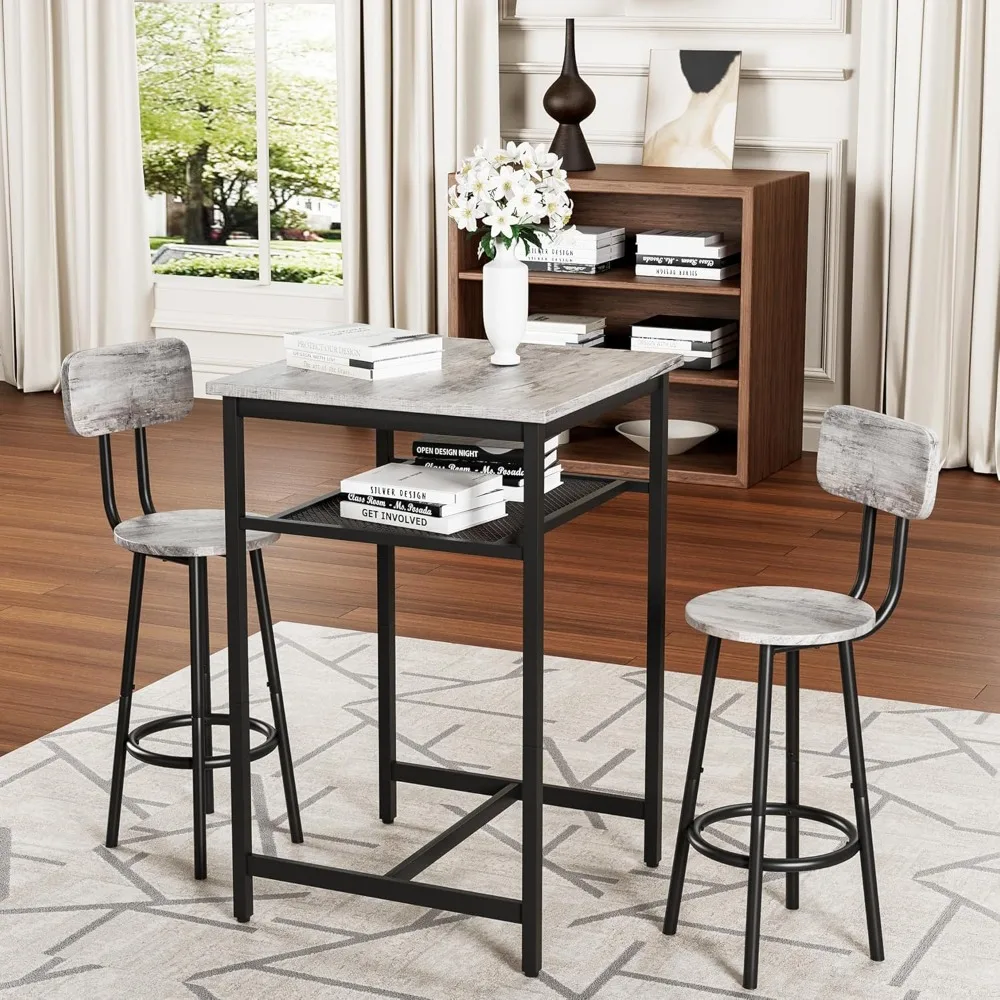 

24" Bar Table and 2 Chairs Set with Backrest, 3 Pieces Dining Table Set for 2, Small Square Kitchen Table with Hidden Storage
