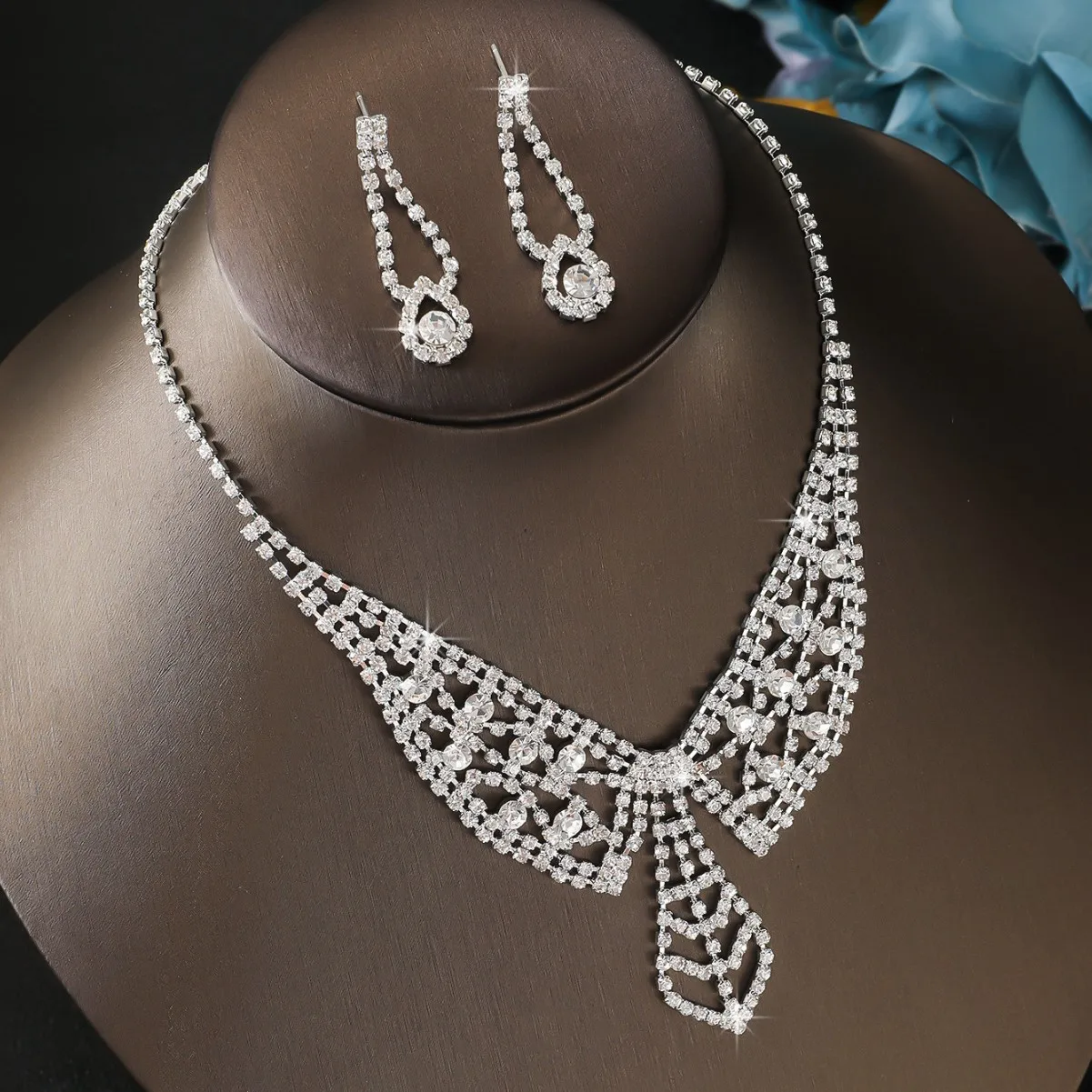 Luxury Sparkling Rhinestone Bridal Necklace Earrings Wedding Dress Accessories High-end Jewelry Two-piece Set