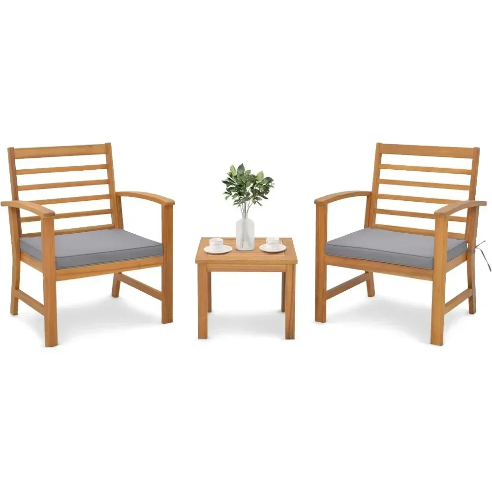 3 Pieces Outdoor Furniture Set, Acacia Wood Conversation Set with Soft Seat Cushions, Stable Acacia Wood Frame, Patio Sofa