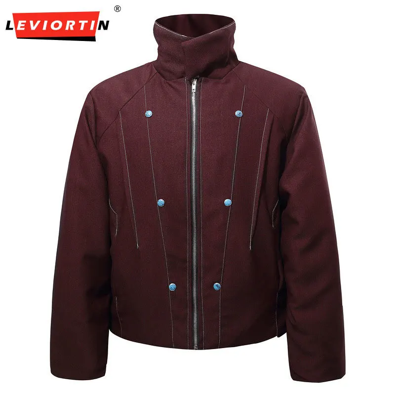 

Winter fashion brand warm couple zipper cotton coat men's American retro silhouette turquoise button decoration loose jacket