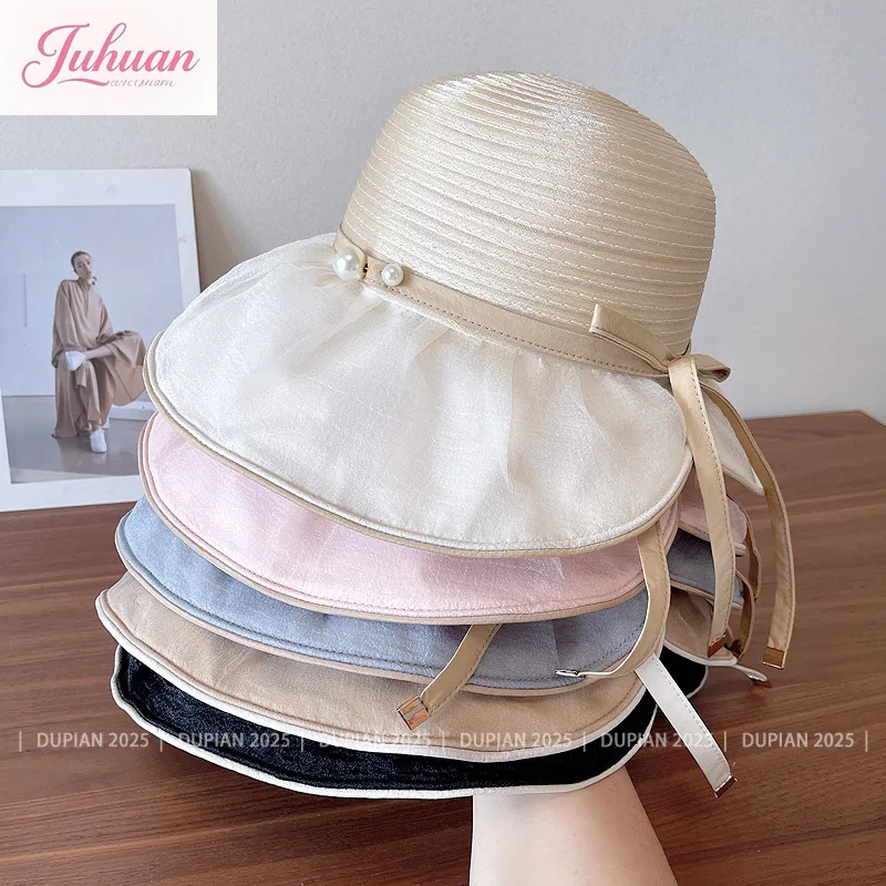 

French Organza Pearl Breathable Sun Hat Women's Summer Outdoor Elegant Big Edge Bucket Hat Sun Protection Casual Sun Hats Tide