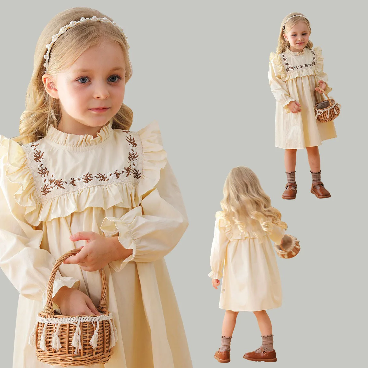 

Children Clothing Vintage Floral Embroidered Girls Dresses Stand-Up Collar With Ruffled Kids Casual Dresses Korean Loose Costume