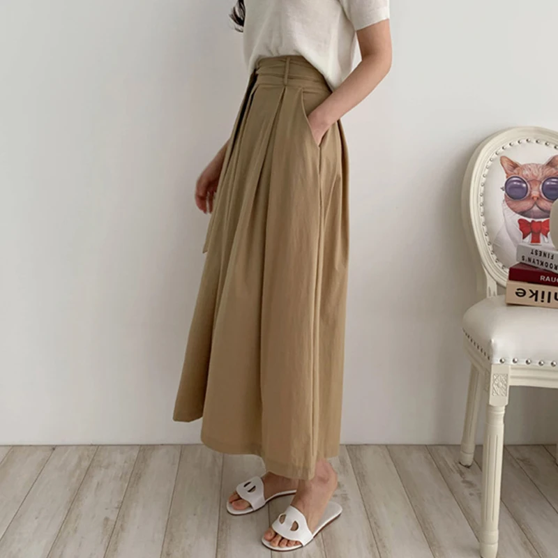 

Retro High Waist Belted Pleated Midi Design Unique f Skirt for Women Spring New Sle A-Line Skirt Commute Friendly Pure C...