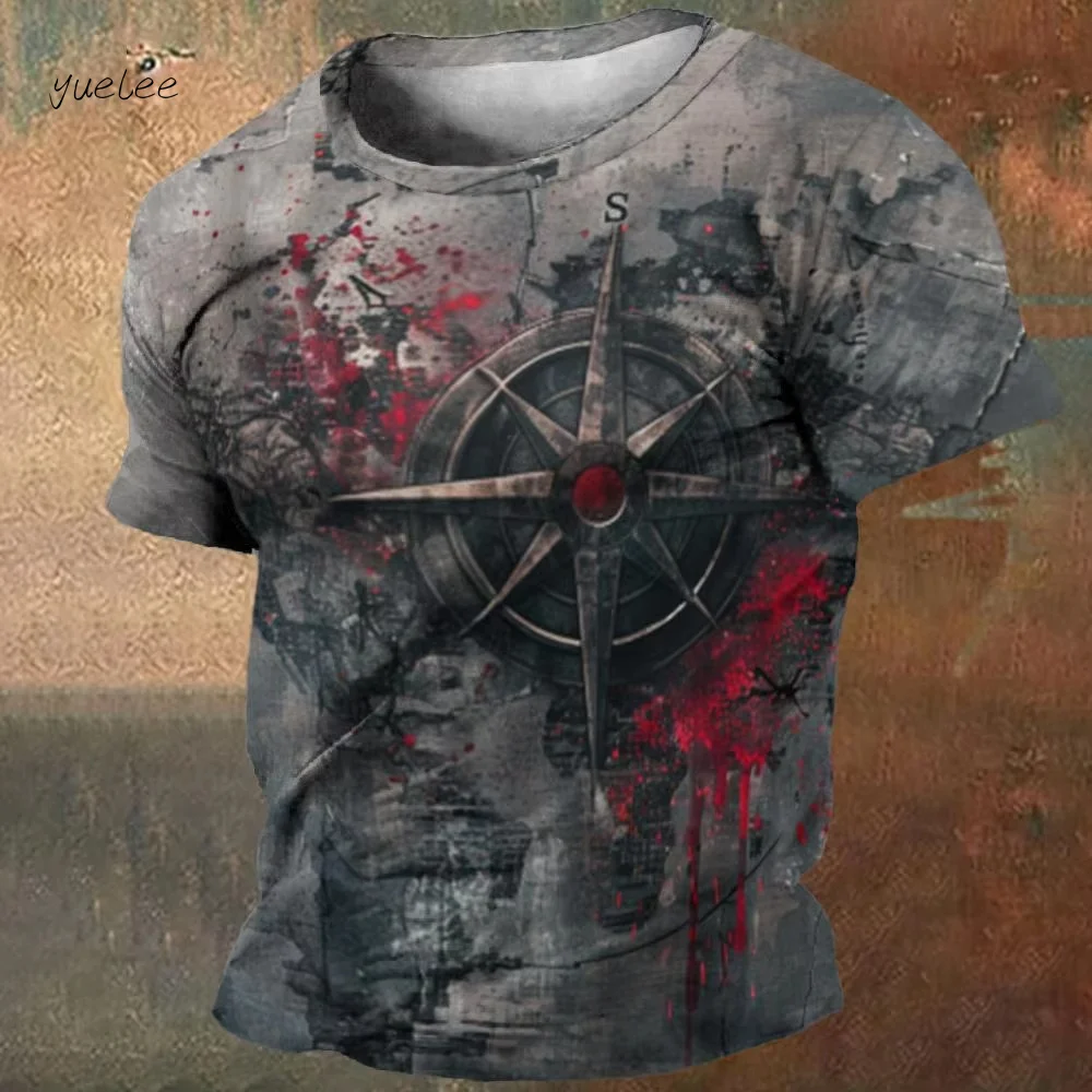 Vintage Men's T-Shirt 3D Printed Compass Short Sleeve T-Shirt O Neck Street Casual Clothing Tops Summer Oversized Men's T-Shirt