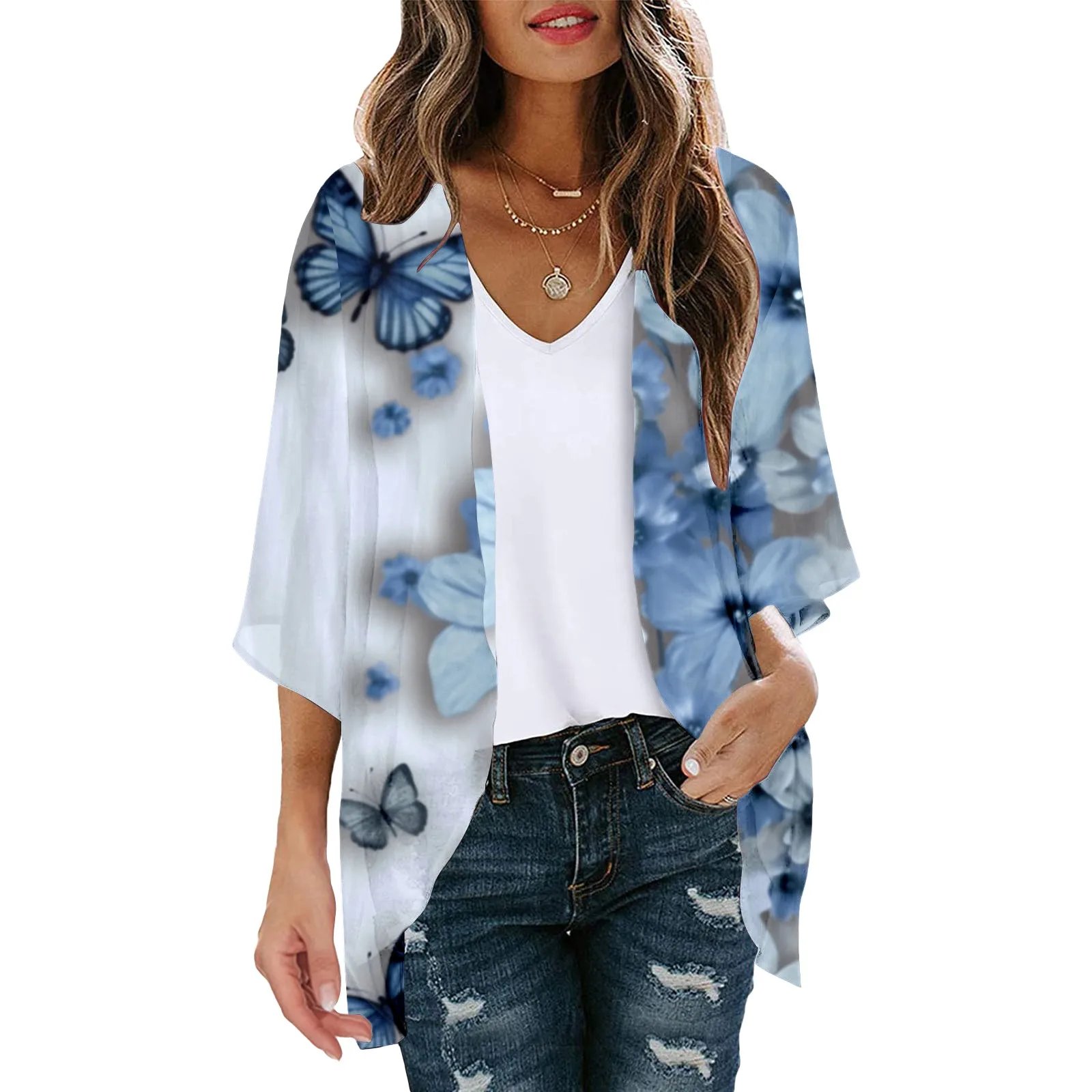 Womens Boho Printed Kimono Beach Cover Ups Summer Open Front Floral Loose Cardigan Shawl Capes Thin Jumper Tops Holiday Wear