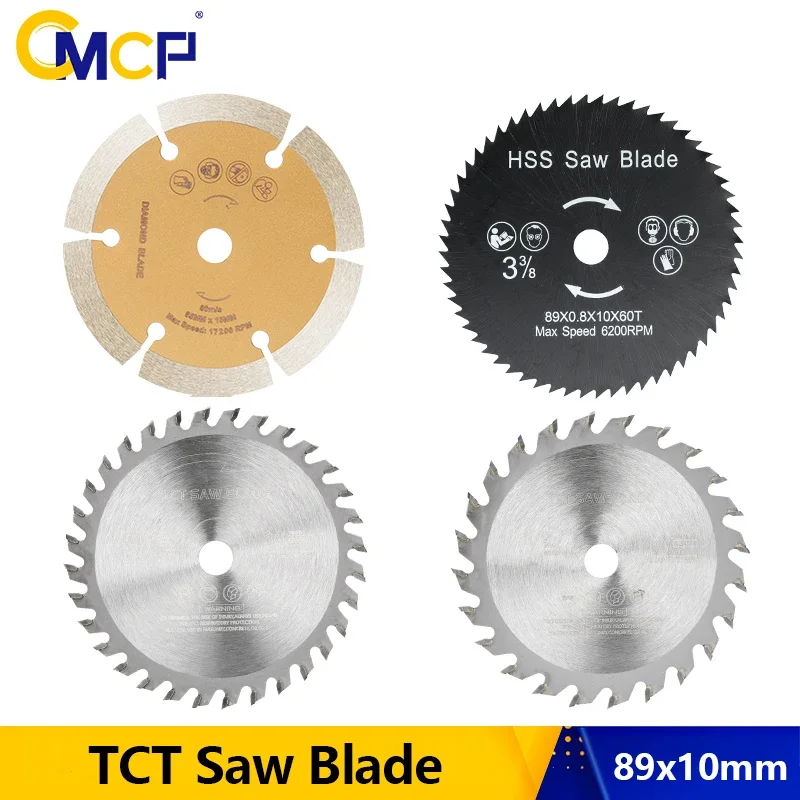 CMCP 4-teiliges 89-mm-Kreissägeblatt-Set mit Hartmetallspitze, Holztrennscheibe, HSS/TCT/Diamant-Sägeblatt für Holz, PVC, Kunststoff