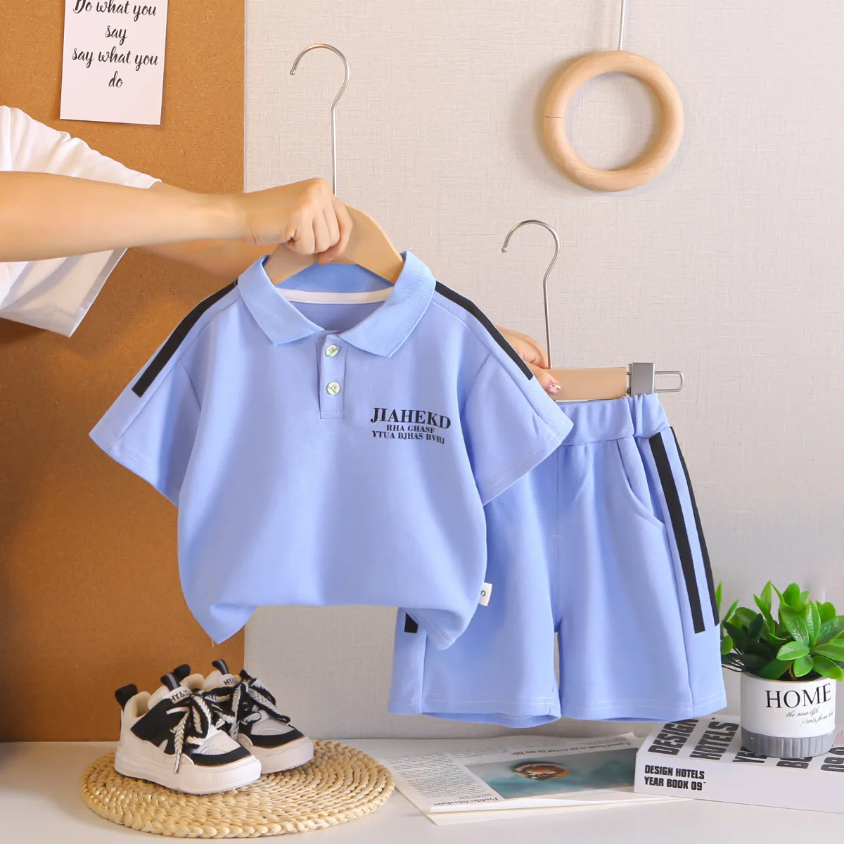 2026 Toddler Boys Summer Clothes 0-5 Years Sporty Solid Color Stripe Polo Collar Shirt and Shorts 2PCS Kids Casual Outfit Set