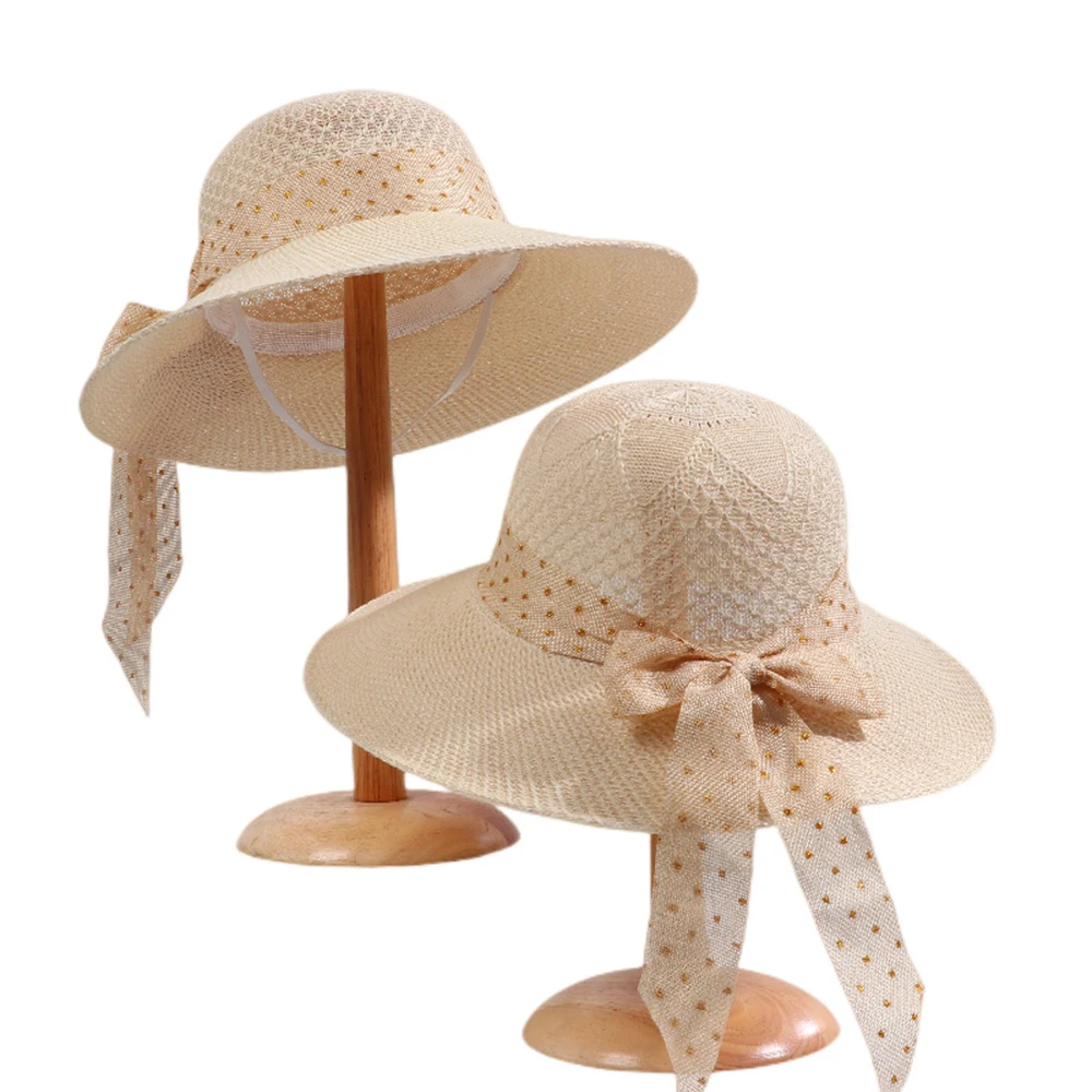 Fashion Foldable Wide Brim Sun Hat Girls Braided Straw Caps Ribbon Bowknot Beach Hat Sun Protection Ladies Travel Summer Caps