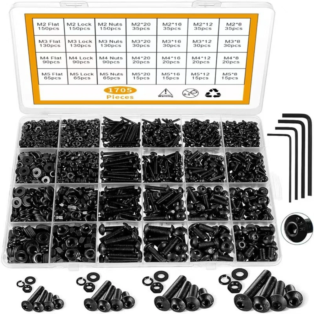 

1705pcs M2 M3 M4 M5 Round Head Cup Head Hexagon Socket Screws Kit Set SCM435 Alloy Steel Screws Nut & Bolt Sets with Washer
