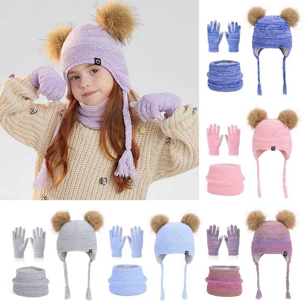 

Fashion Warm Winter Hat Scarf Gloves Set Windproof Pompom Knitted Hats Thicken Soft Scarf Cap Children's