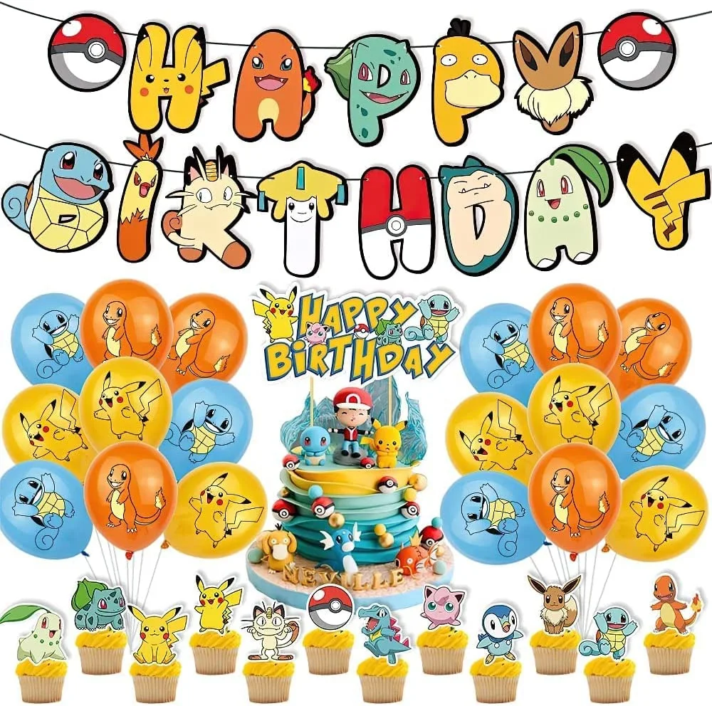 NEW 2026 Pokemon Birthday Theme Party Decorations Pikachu Banner Cake Topper Balloons Set Party Scene Decor Anime Peripherals
