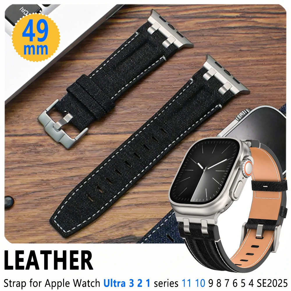 アップルウォッチ-ウルトラ-3-2-49mm-シリーズ-11-10-46mm用-高級レザーストラップ、デニム生地ブレスレット-iwatch-9-8-7-6-5-4-se3-45mm-44mm対応